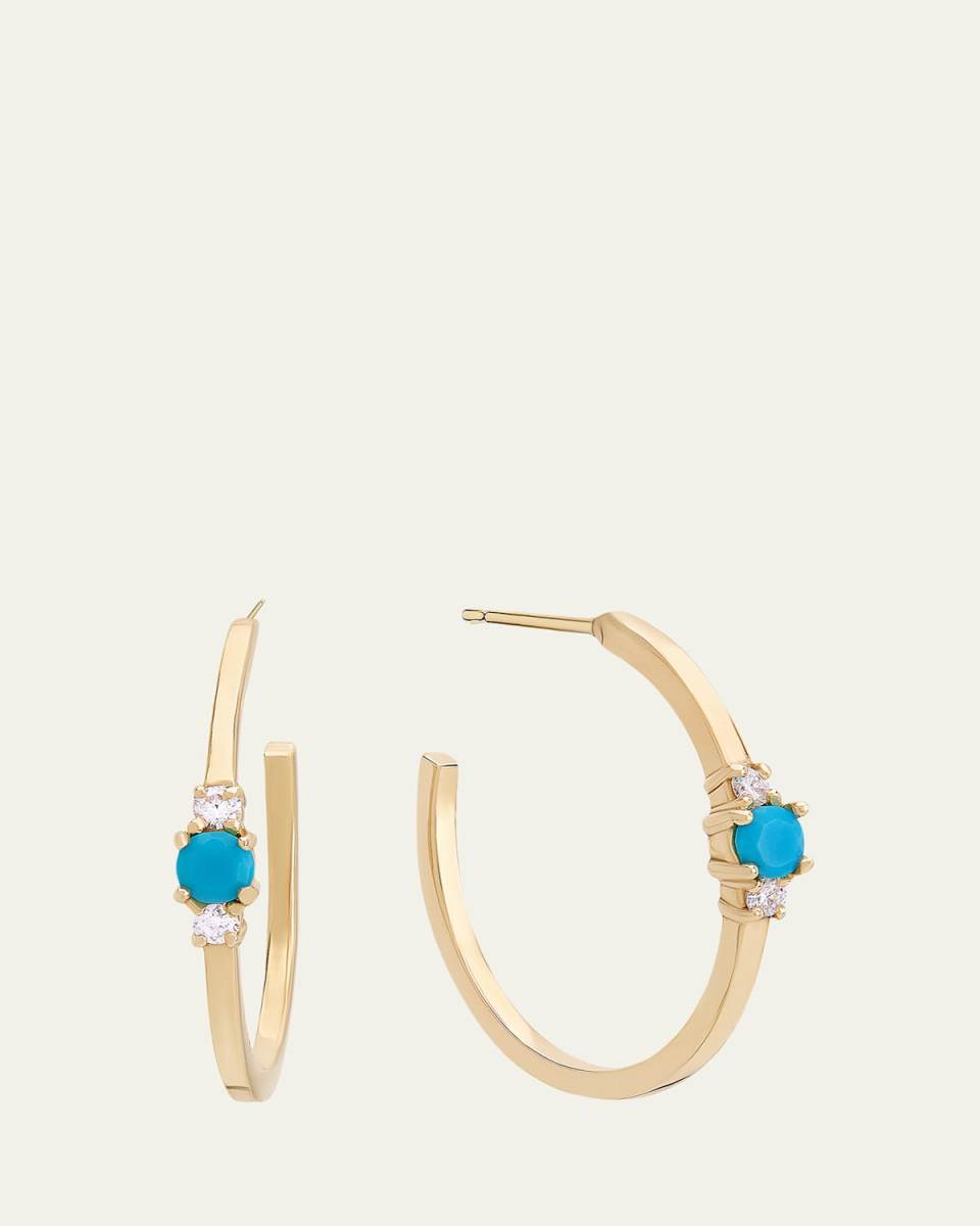 Mini Solo Turquoise and Diamond Cluster Hoop Earrings, 18mm